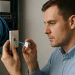 Férfi telepíti a Keystone aljzatot hálózati kábel segítségével.