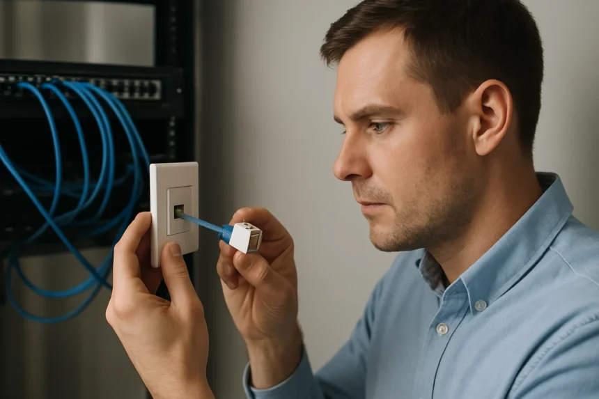 Férfi telepíti a Keystone aljzatot hálózati kábel segítségével.