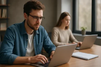 Két programozó dolgozik laptopok előtt modern irodában.