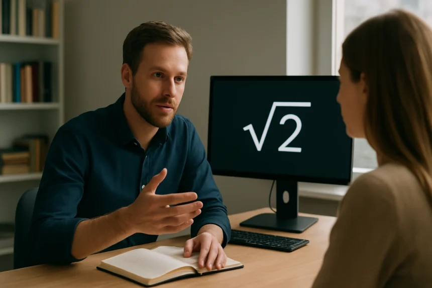 Egy férfi magyaráz egy irracionális számot egy nőnek az irodában.