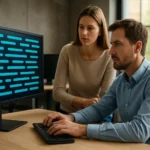 Két szakember az adatfeldolgozásról beszél egy számítógép előtt.