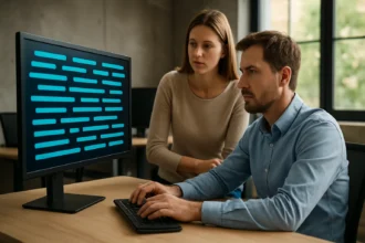 Két szakember az adatfeldolgozásról beszél egy számítógép előtt.