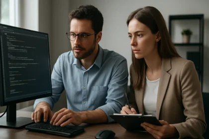 Két IT szakember rendszertesztelést végez számítógép előtt.