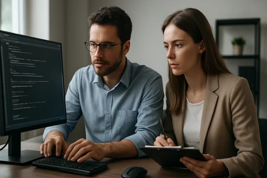 Két IT szakember rendszertesztelést végez számítógép előtt.