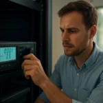 Férfi állítja a feszültség- és frekvenciaszabályozó eszközt.