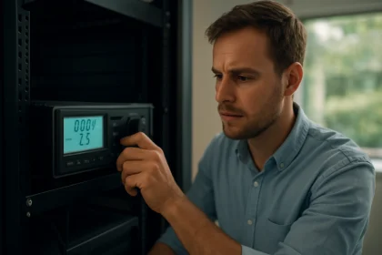 Férfi állítja a feszültség- és frekvenciaszabályozó eszközt.