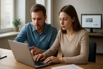 Két ember számítógép előtt, adaptív tartalom fejlesztésén dolgoznak.