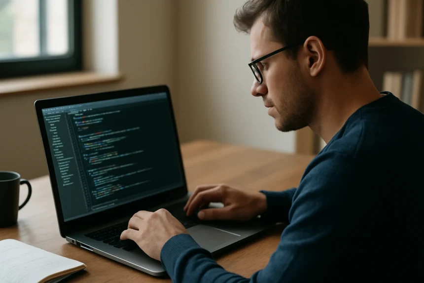 Programozó a forráskódot ír a laptopján