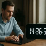 Férfi a számítógép előtt, digitális óra látható