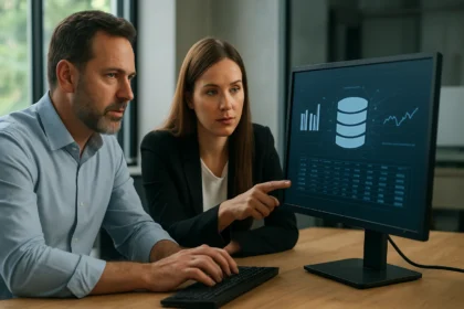 Két szakember információkat elemez egy számítógép képernyőjén az adatkezeléshez.