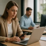 Munkavállalók önálló online feladatvégzése az irodában.