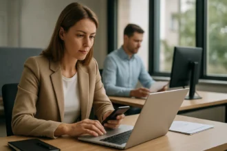 Munkavállalók önálló online feladatvégzése az irodában.