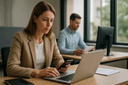 Munkavállalók önálló online feladatvégzése az irodában.