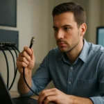 Férfi koaxiális kábelt tart a kezében számítógép előtt.