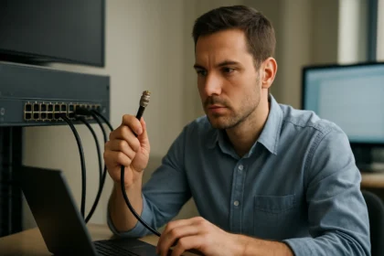 Férfi koaxiális kábelt tart a kezében számítógép előtt.