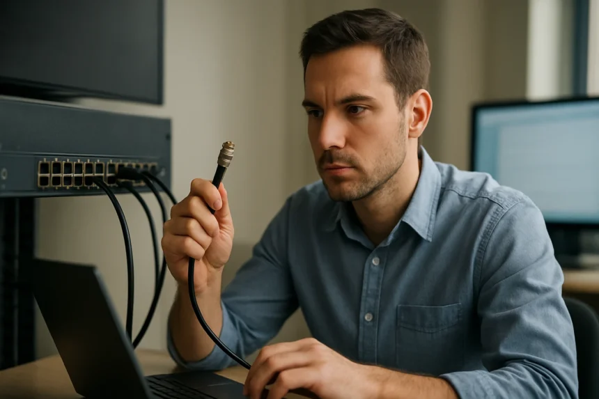 Férfi koaxiális kábelt tart a kezében számítógép előtt.