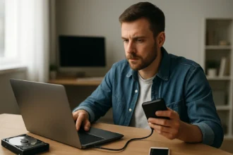 Férfi laptopon dolgozik, adatátvitelt végez egy külső adattárolón.