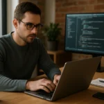 Fejlesztő helyi MAMP környezetben, laptopon kódolva