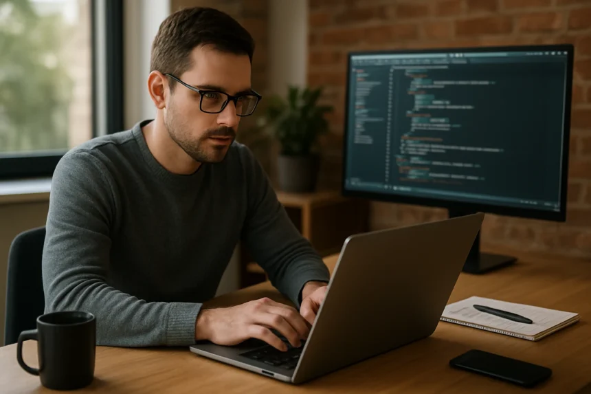 Fejlesztő helyi MAMP környezetben, laptopon kódolva
