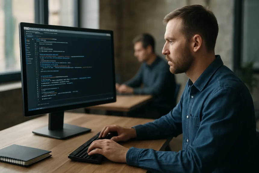 Fejlesztők programoznak egyedi szoftver megoldásokon