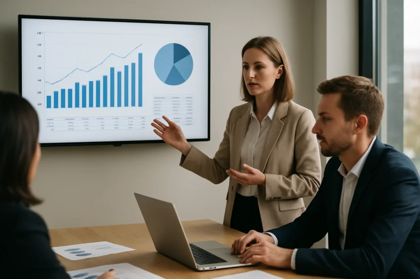 Üzleti megbeszélés, prediktív analitika prezentáció grafikonokkal