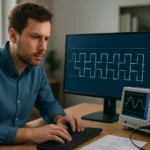 Mérnök a Manchester kódolás digitális jeleit elemzi számítógépen