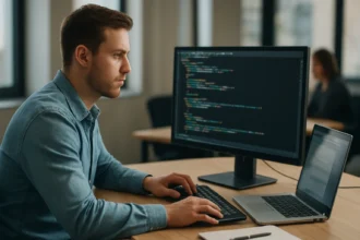 Programozó munkahelyén, kódot ír egy asztali számítógépen