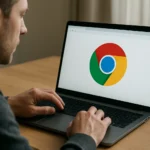Felhasználó a Google Chrome böngésző logójával a laptopján.