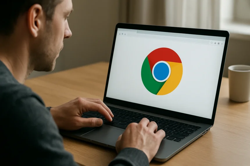 Felhasználó a Google Chrome böngésző logójával a laptopján.