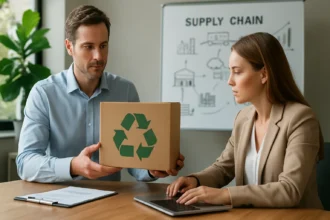 Két üzleti szakember fenntartható ellátási lánc témájában tanácskozik.