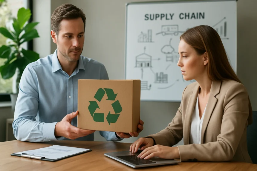 Két üzleti szakember fenntartható ellátási lánc témájában tanácskozik.