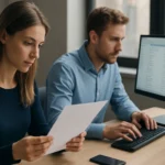 Két szakember, akik fájlokat és fejléceket elemeznek a munkahelyükön.