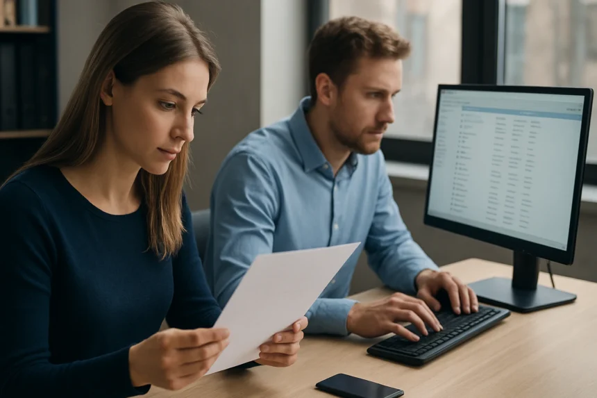 Két szakember, akik fájlokat és fejléceket elemeznek a munkahelyükön.