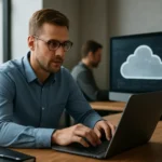 Férfi számítógép előtt dolgozik felhőtechnológián.