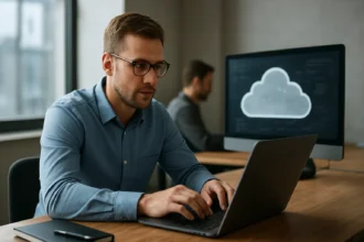 Férfi számítógép előtt dolgozik felhőtechnológián.