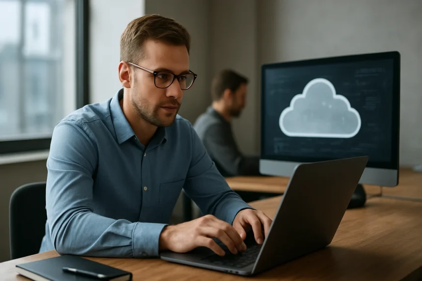Férfi számítógép előtt dolgozik felhőtechnológián.