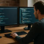 Programozó munkája két monitor előtt, kódolás hosszú adattípusokra.