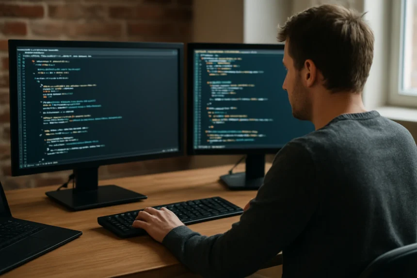 Programozó munkája két monitor előtt, kódolás hosszú adattípusokra.