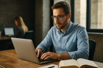 Férfi laptopon dolgozik, IT szakmai fejlődés, AWS minősítés