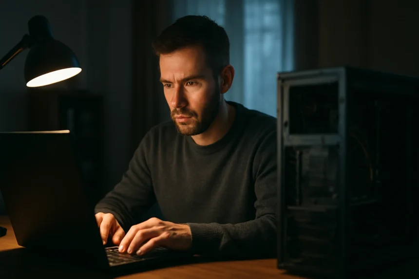 Férfi laptop előtt, informatikai biztonság témában dolgozik.