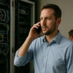 Férfi telefonál egy telekommunikációs központban, háttérben hálózati berendezések