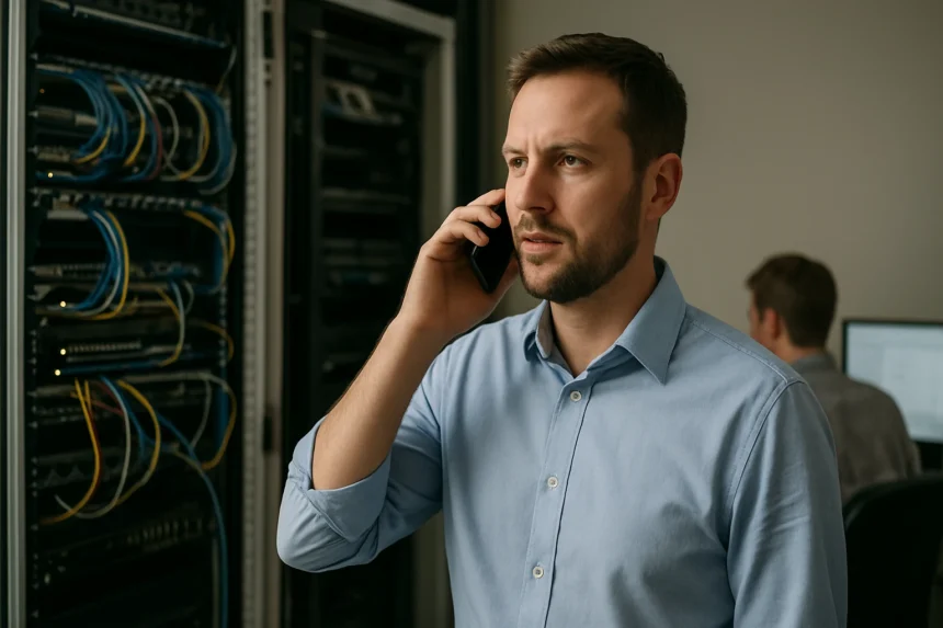 Férfi telefonál egy telekommunikációs központban, háttérben hálózati berendezések