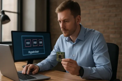 Férfi, aki hardveres támogatású virtualizációs technológiát tanulmányoz.