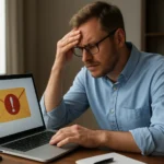 Férfi aggódik az e-mail spam miatt a számítógép előtt.