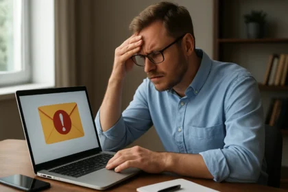 Férfi aggódik az e-mail spam miatt a számítógép előtt.