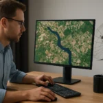 Férfi távérzékelési adatok elemzése számítógépen.