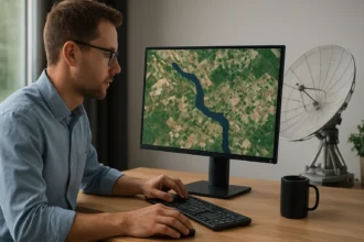 Férfi távérzékelési adatok elemzése számítógépen.