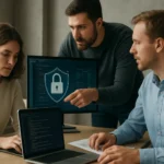 Fejlesztési csapat DevSecOps integrációs megbeszélésen a biztonságról