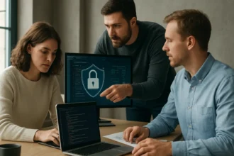 Fejlesztési csapat DevSecOps integrációs megbeszélésen a biztonságról