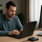 Férfi laptopon dolgozik a memóriakezelés optimalizálásán.